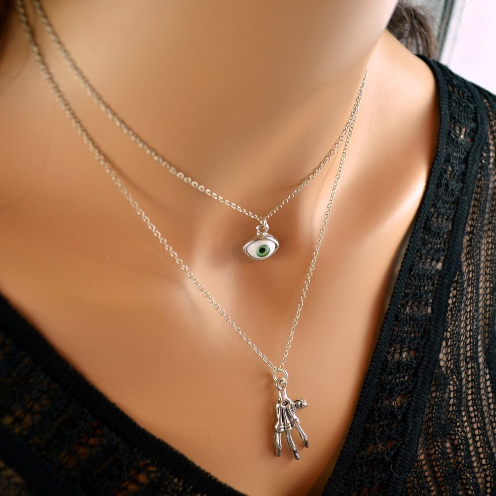 Halloween Layering Necklaces with Eyeball and Skeleton Hand